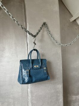 Vintage real leather ostrich handbag with silver hardware blue