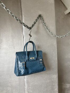 Vintage real leather ostrich handbag with silver hardware blue