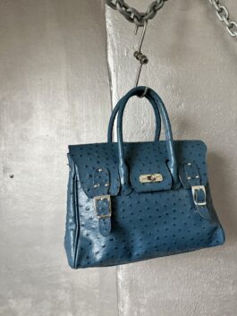 Vintage real leather ostrich handbag with silver hardware blue