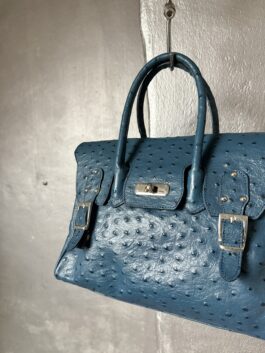 Vintage real leather ostrich handbag with silver hardware blue