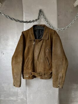 Vintage oversized rough real leather biker jacket washed brown