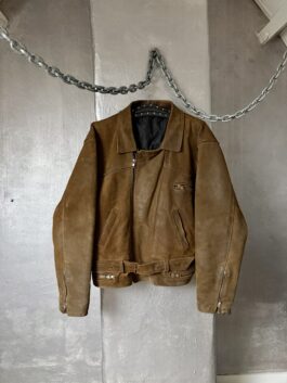 Vintage oversized rough real leather biker jacket washed brown