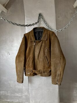 Vintage oversized rough real leather biker jacket washed brown