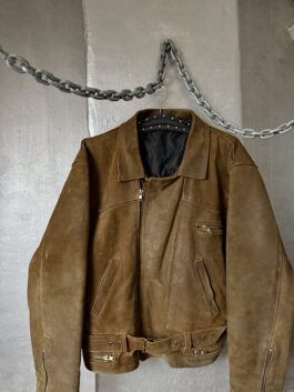 Vintage oversized rough real leather biker jacket washed brown
