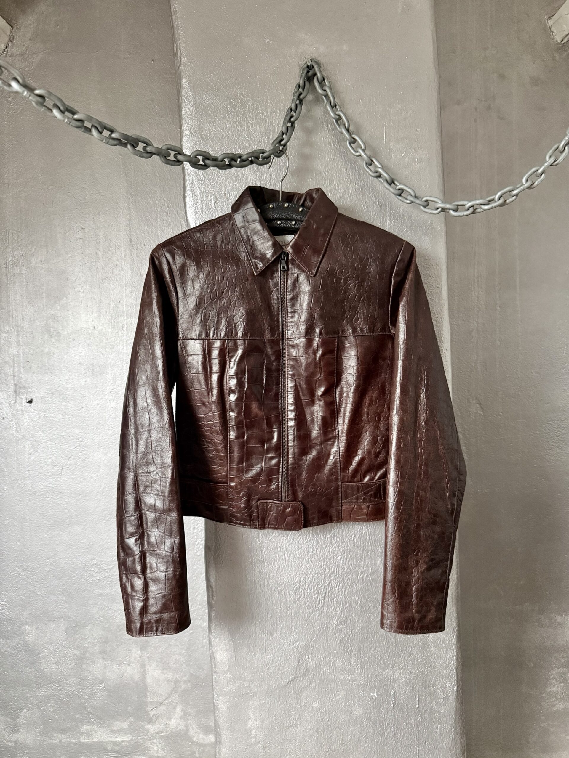 Vintage real leather racing jacket with crocodile skin brown