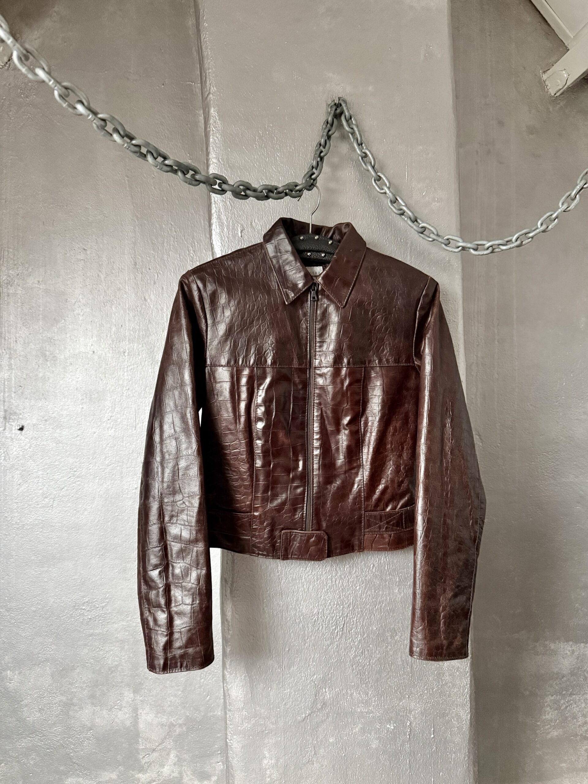Vintage real leather racing jacket with crocodile skin brown - Image 2