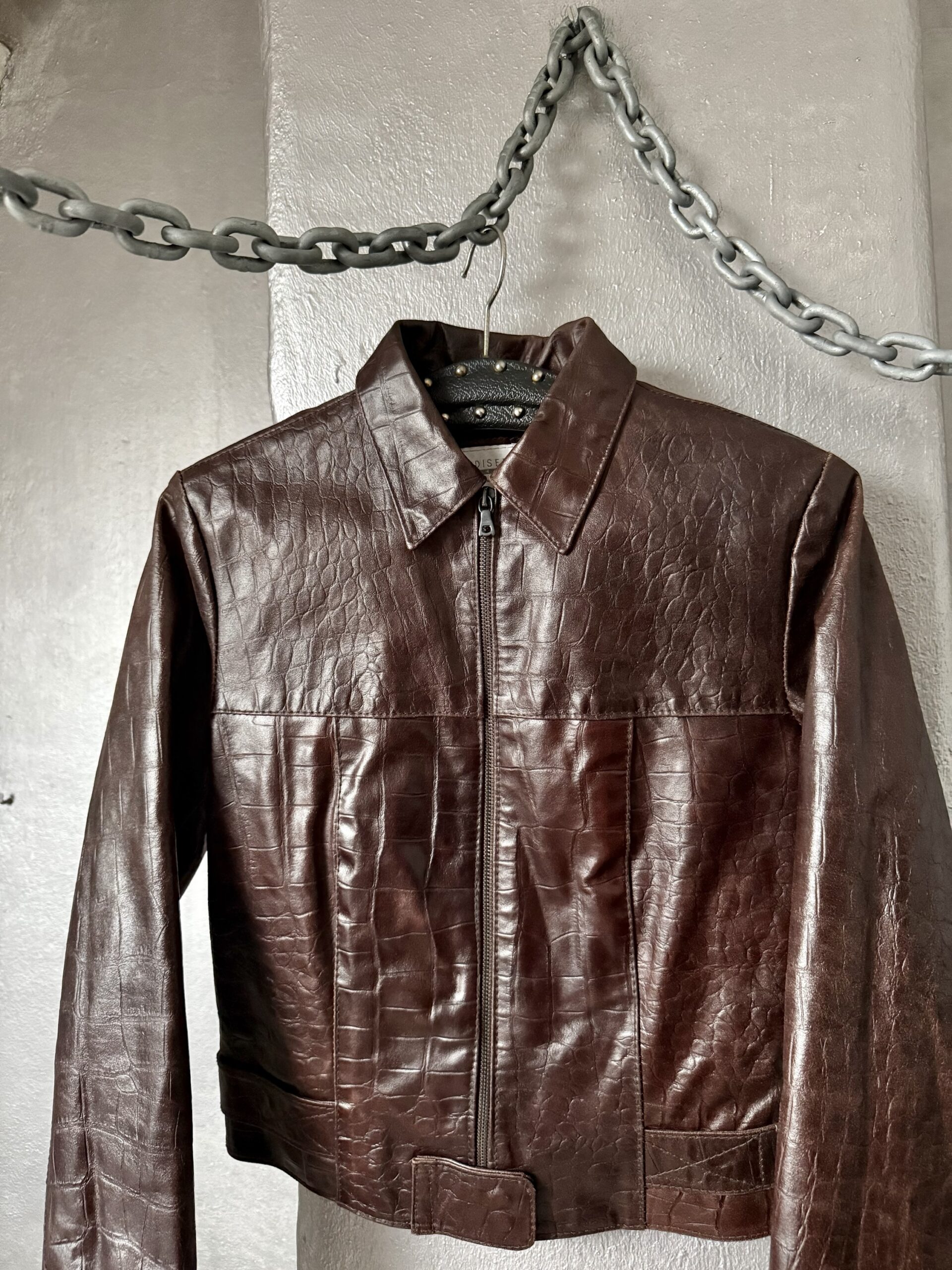 Vintage real leather racing jacket with crocodile skin brown - Image 6