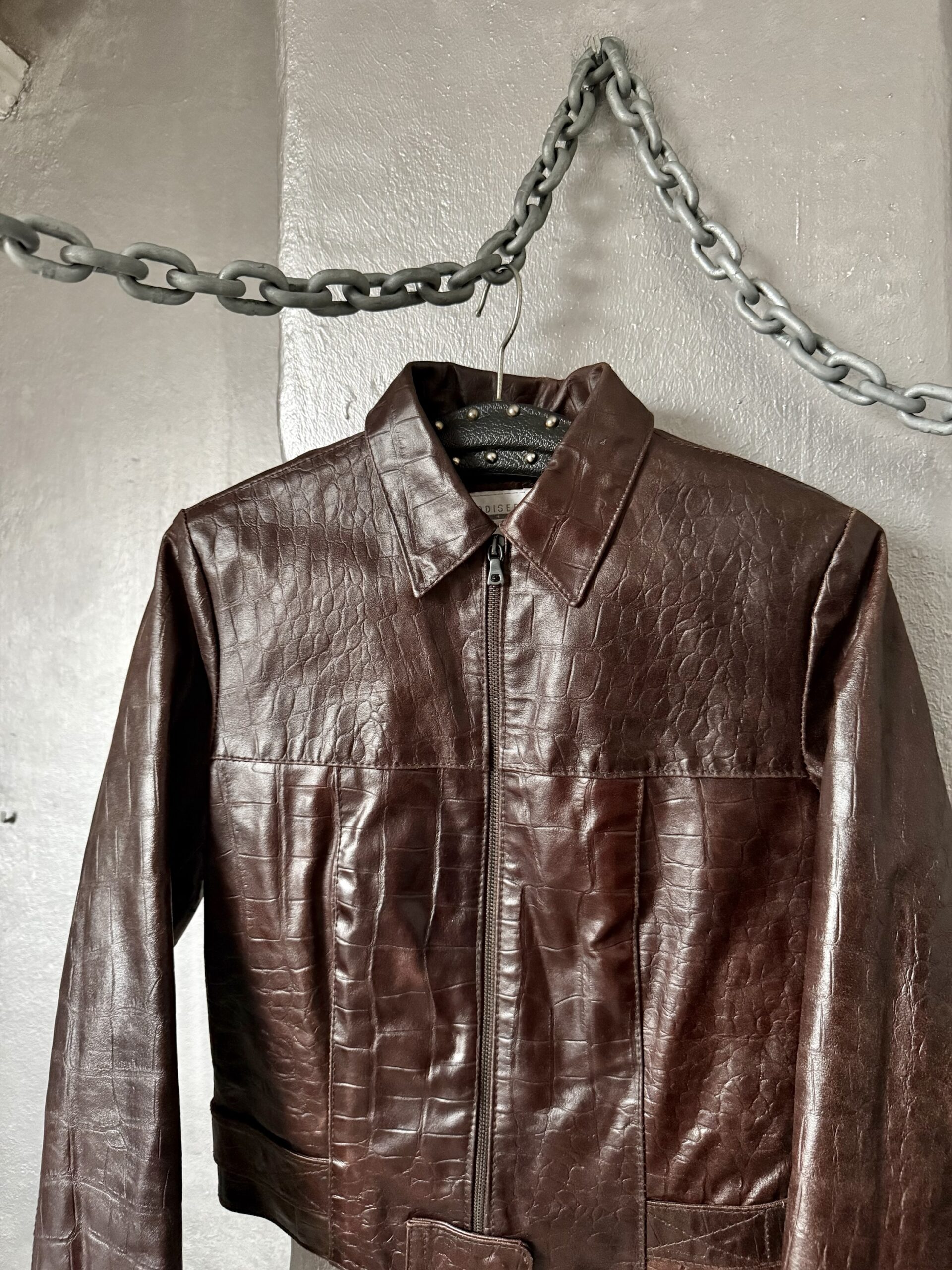 Vintage real leather racing jacket with crocodile skin brown - Image 7
