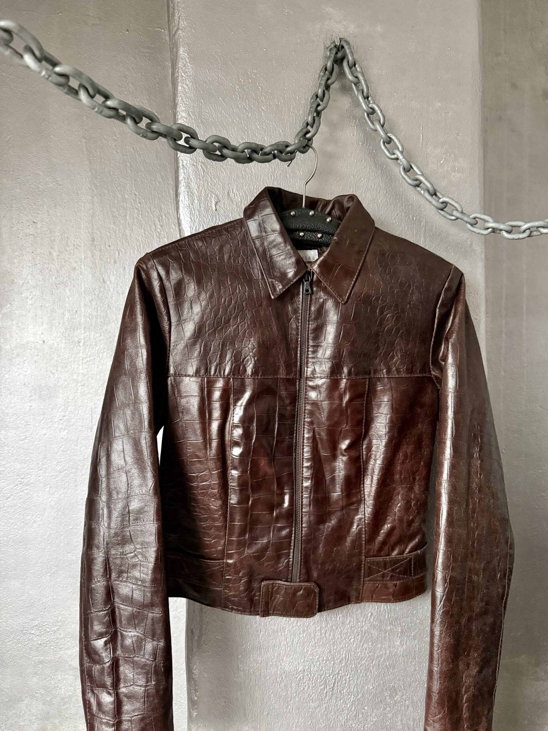 Vintage real leather racing jacket with crocodile skin brown - Image 8