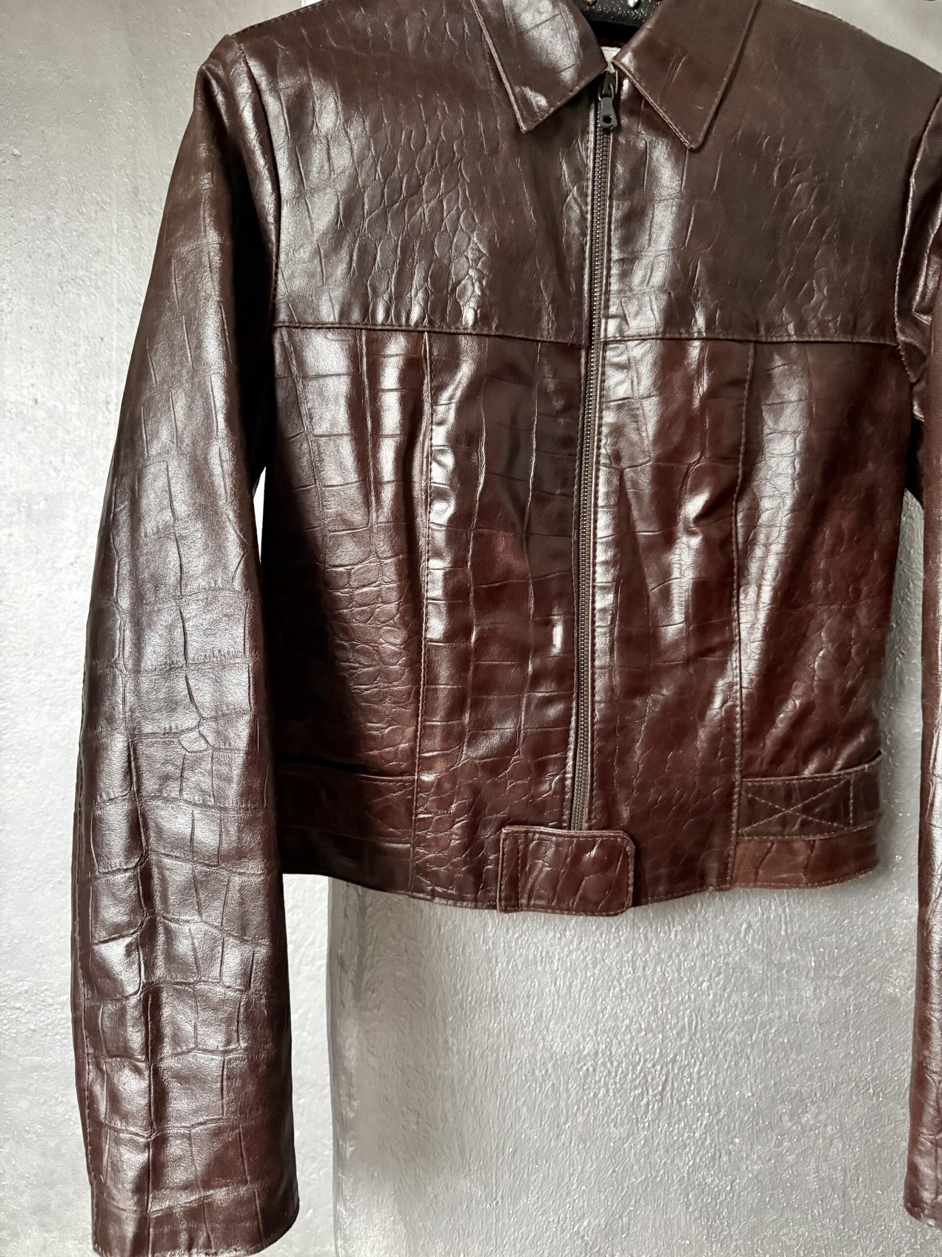 Vintage real leather racing jacket with crocodile skin brown - Image 9