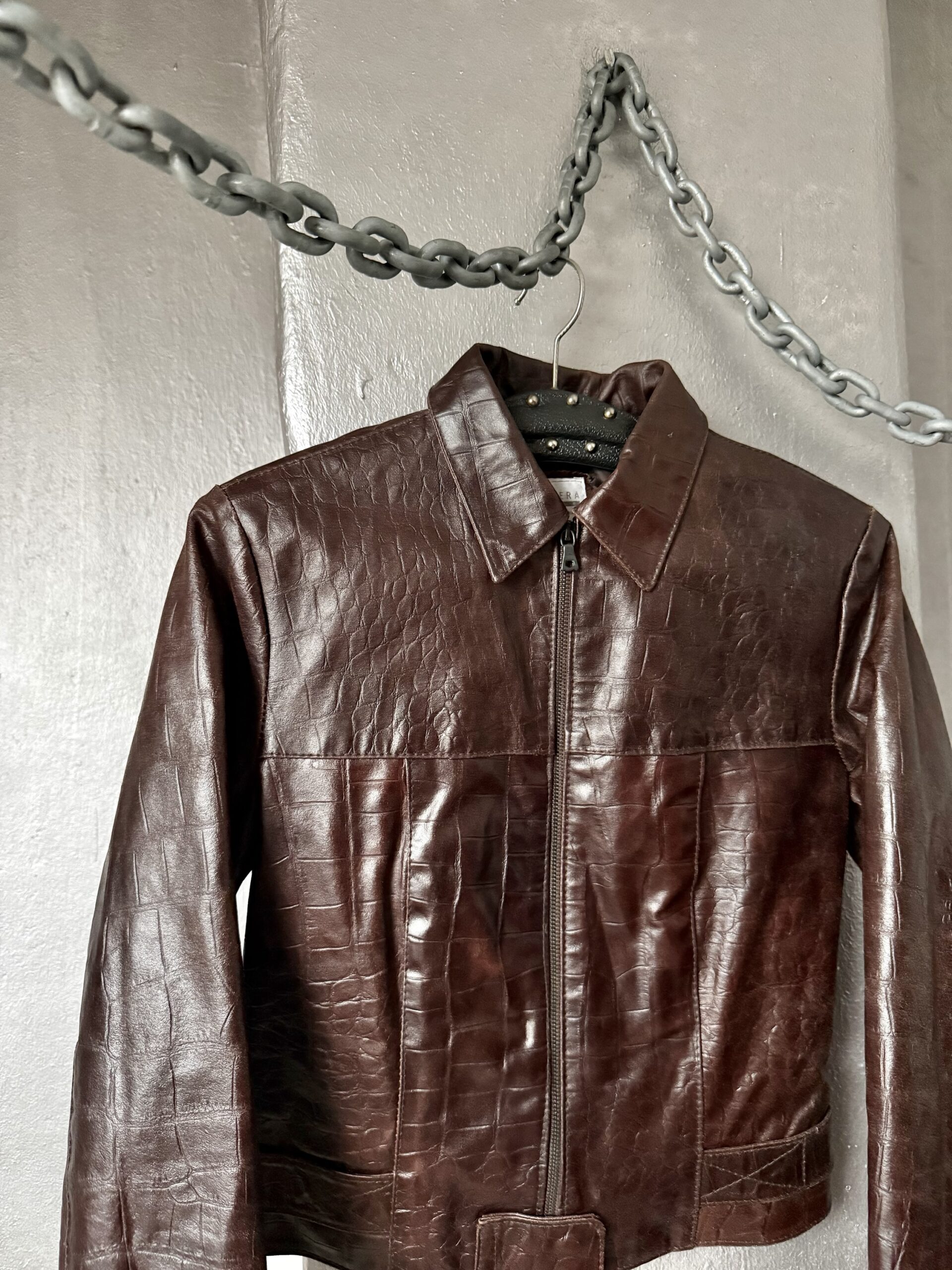 Vintage real leather racing jacket with crocodile skin brown - Image 10
