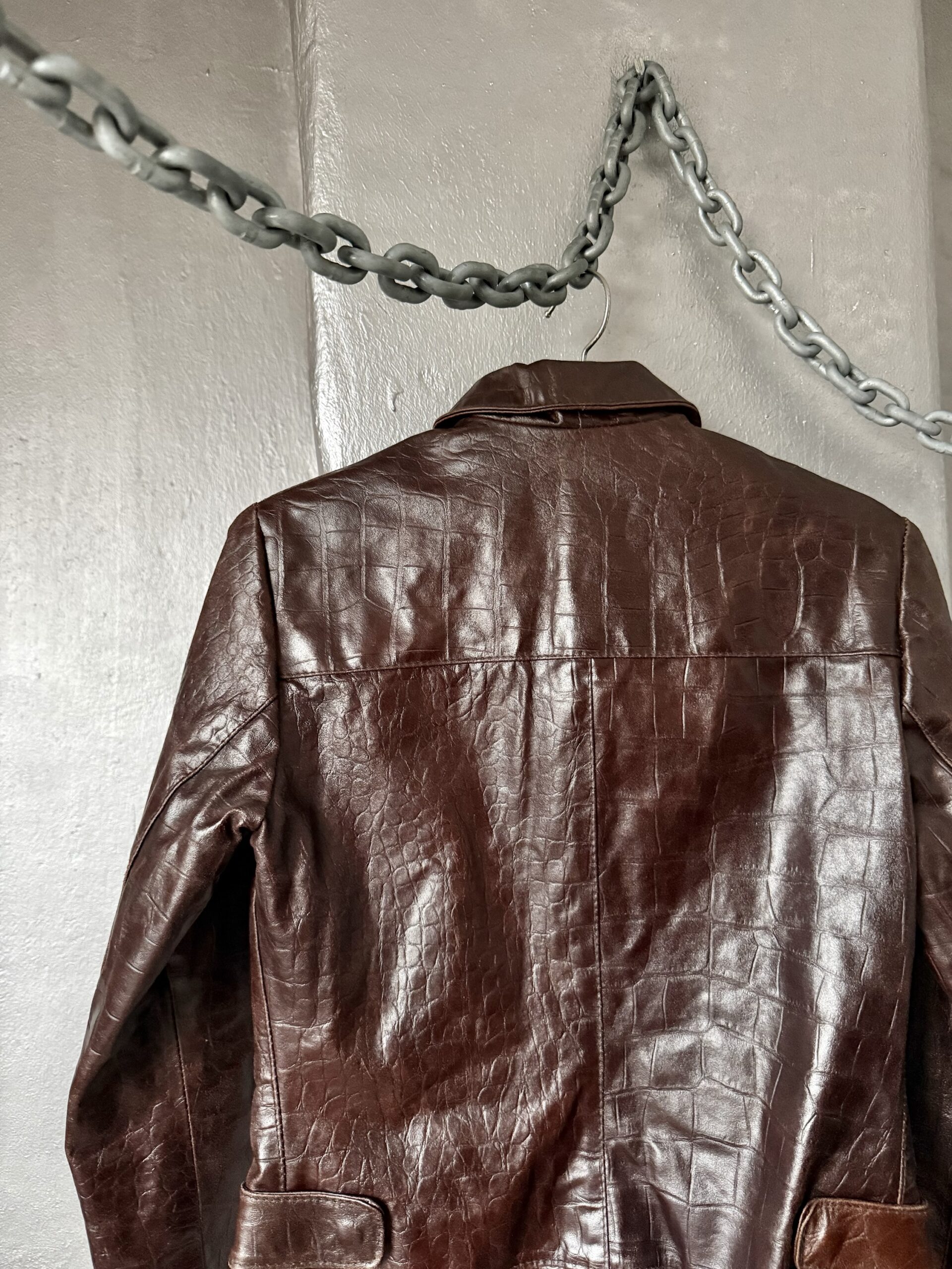 Vintage real leather racing jacket with crocodile skin brown - Image 14