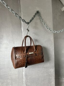 Vintage real leather handbag with crocodile skin brown