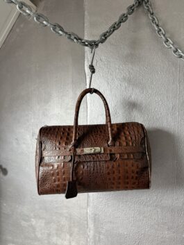 Vintage real leather handbag with crocodile skin brown
