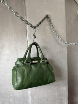 Vintage real leather handbag with silver hardware green