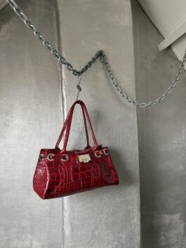 Vintage real leather shoulderbag with crocodile skin wine red