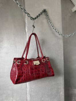 Vintage real leather shoulderbag with crocodile skin wine red