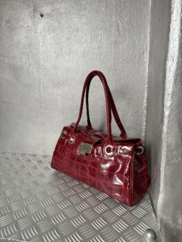 Vintage real leather shoulderbag with crocodile skin wine red