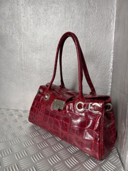 Vintage real leather shoulderbag with crocodile skin wine red