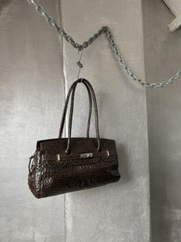 Vintage real leather shoulderbag with crocodile skin dark brown