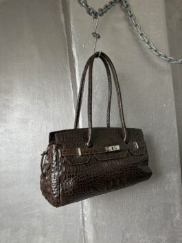 Vintage real leather shoulderbag with crocodile skin dark brown