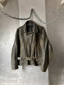 Vintage oversized rough real leather biker jacket washed brown