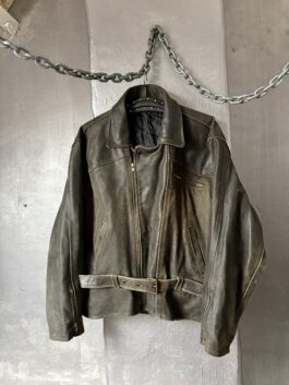 Vintage oversized rough real leather biker jacket washed brown