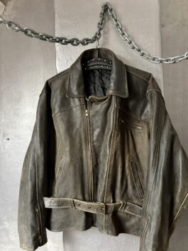 Vintage oversized rough real leather biker jacket washed brown