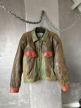 Vintage oversized real leather jacket washed green brown