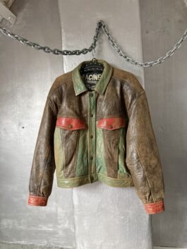 Vintage oversized real leather jacket washed green brown