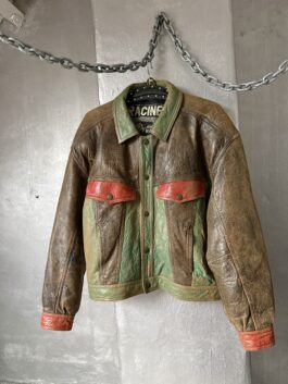 Vintage oversized real leather jacket washed green brown