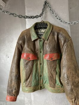 Vintage oversized real leather jacket washed green brown