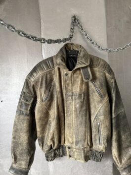 Vintage oversized real leather bomber jacket washed brown