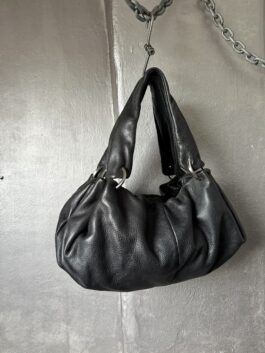 Vintage real leather slouchy shoulderbag with silver hardware black