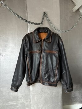 Vintage oversized real leather bomber jacket washed dark brown