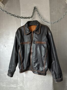 Vintage oversized real leather bomber jacket washed dark brown