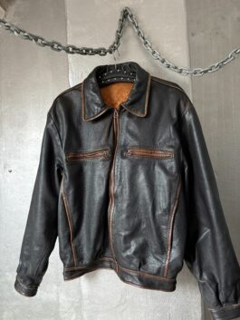 Vintage oversized real leather bomber jacket washed dark brown