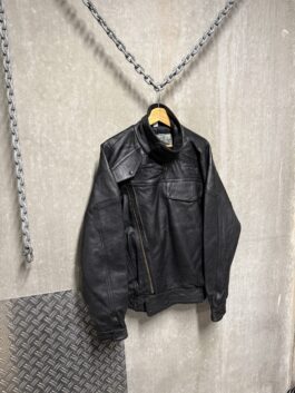 Vintage oversized real leather funnel neck bomber jacket black