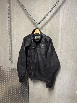 Vintage oversized real leather funnel neck bomber jacket black