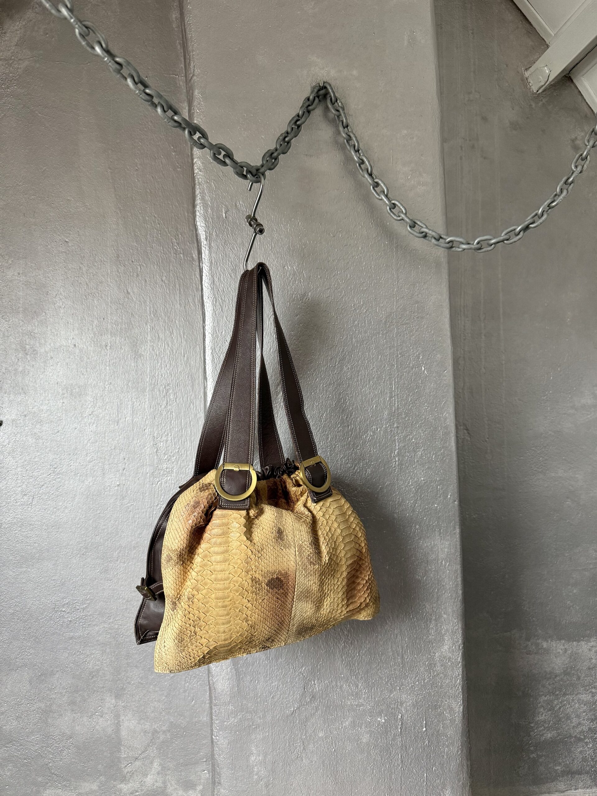 Vintage real leather shoulderbag with python skin brown mustard