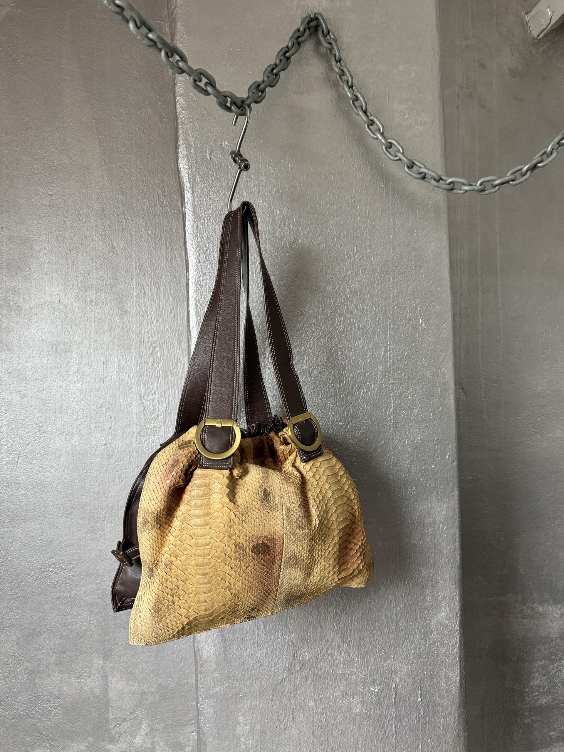 Vintage real leather shoulderbag with python skin brown mustard - Image 2