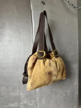 Vintage real leather shoulderbag with python skin brown mustard
