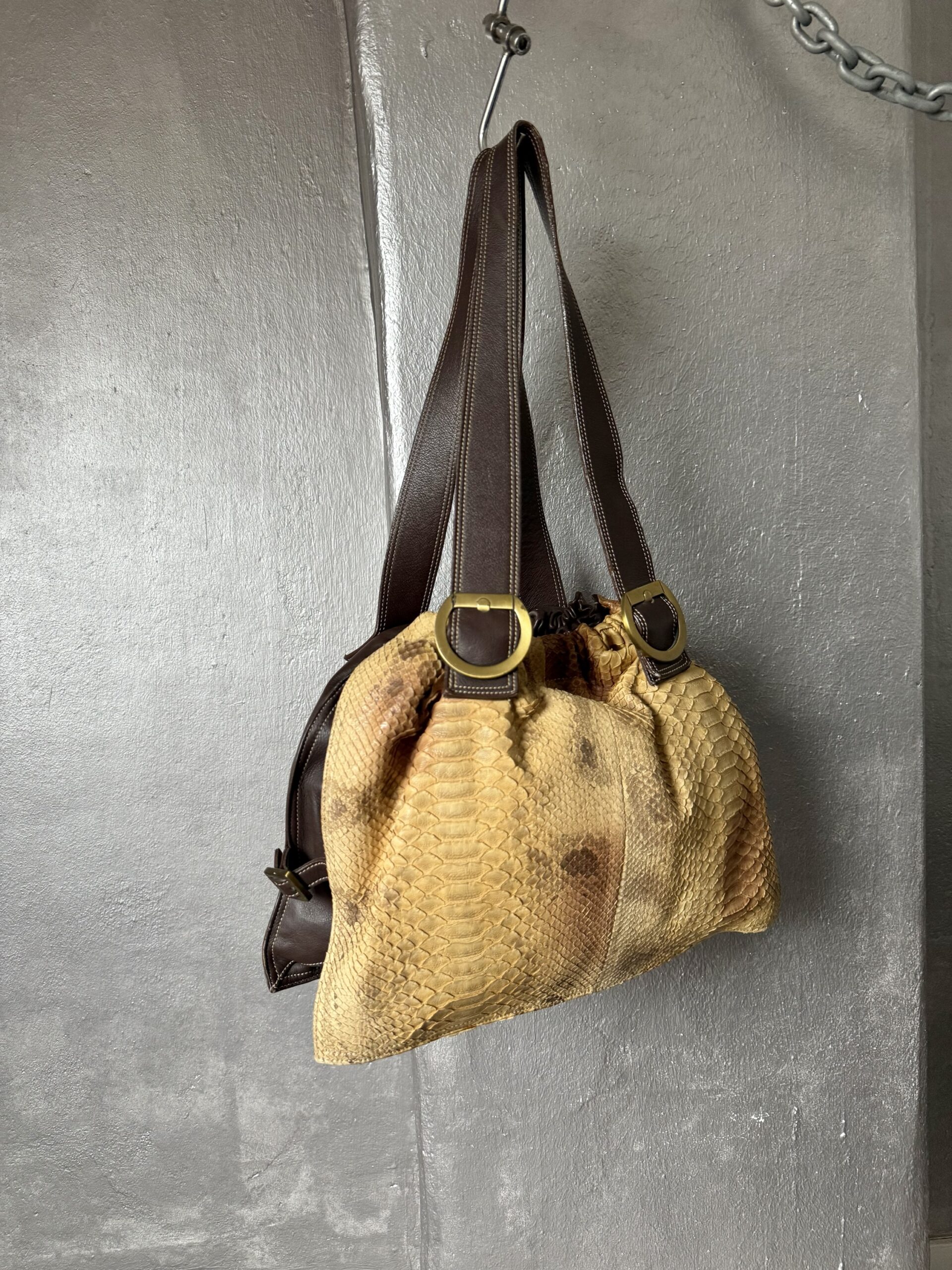 Vintage real leather shoulderbag with python skin brown mustard - Image 3