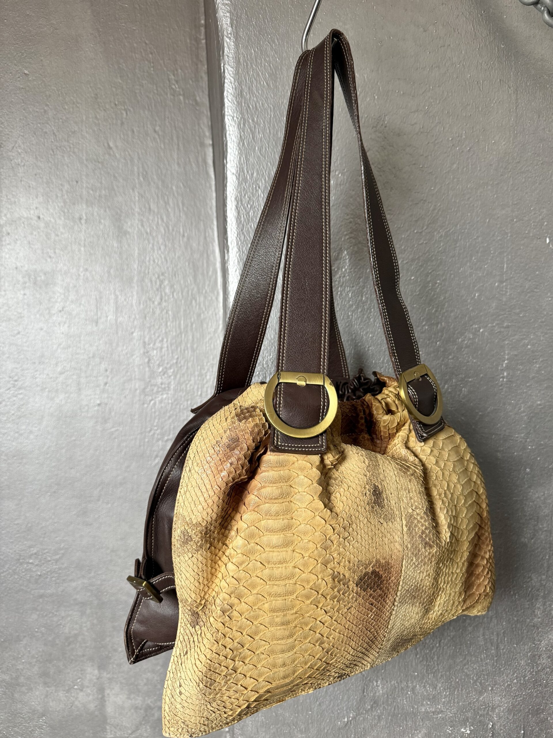 Vintage real leather shoulderbag with python skin brown mustard - Image 6