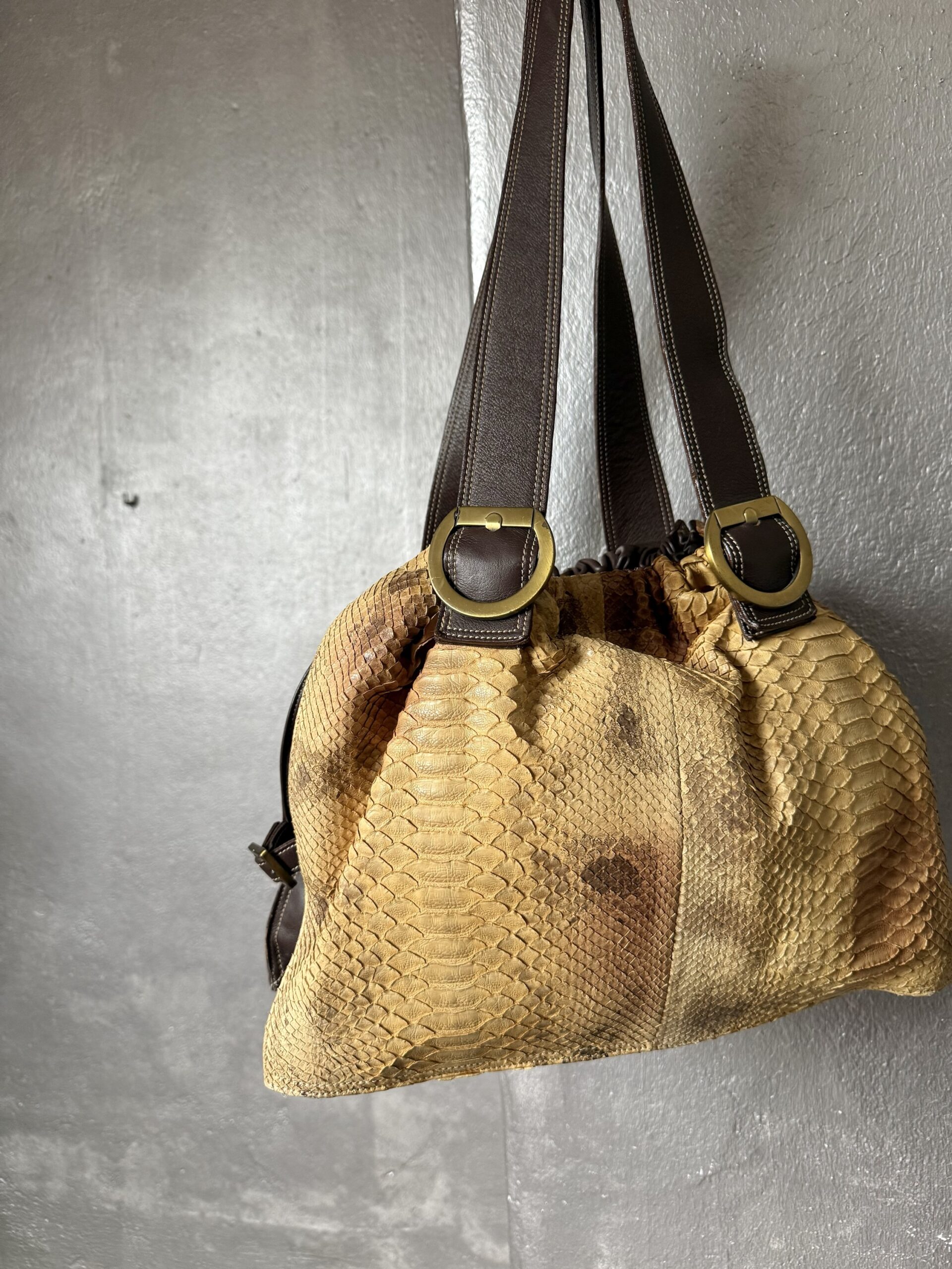 Vintage real leather shoulderbag with python skin brown mustard - Image 7