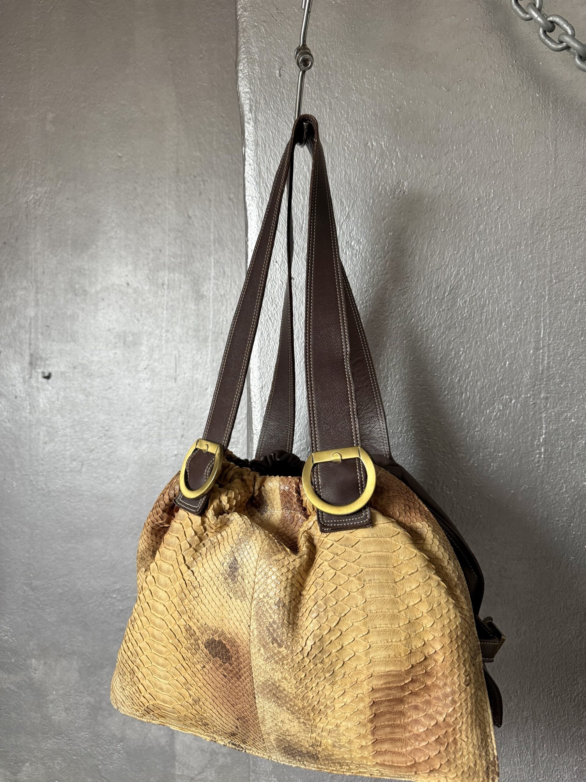 Vintage real leather shoulderbag with python skin brown mustard - Image 8