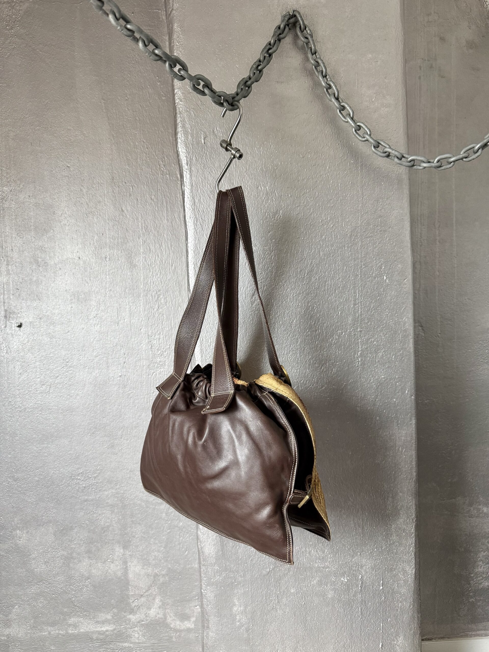 Vintage real leather shoulderbag with python skin brown mustard - Image 10