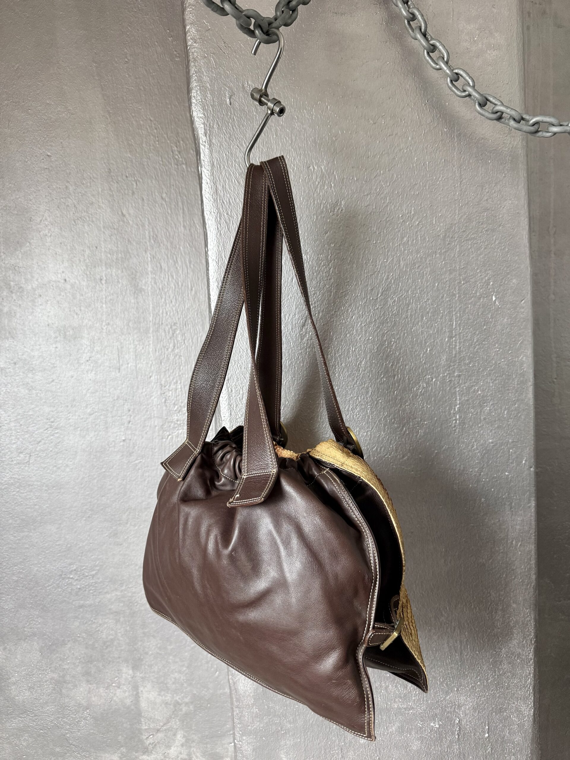 Vintage real leather shoulderbag with python skin brown mustard - Image 11