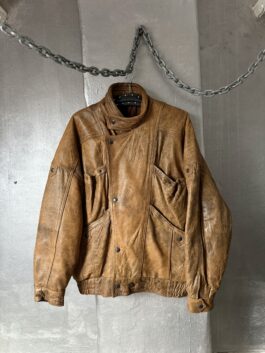 Vintage oversized real leather funnel neck bomber jacket washed brown