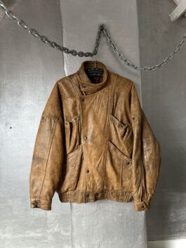 Vintage oversized real leather funnel neck bomber jacket washed brown